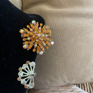 Vintage Silver tone clip ons earrings with amber and an amber AB crystal Brooch